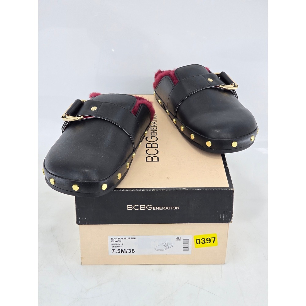 BCBGeneration Haisley-2 Mules Womens 7.5 Black Faux Fur Buckle Studs - NEW